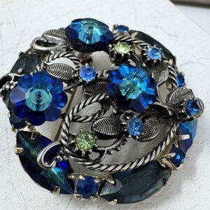 Vintage Rhinestone Brooch Blue & Greens Ravioli & Leaf Design Silvertone